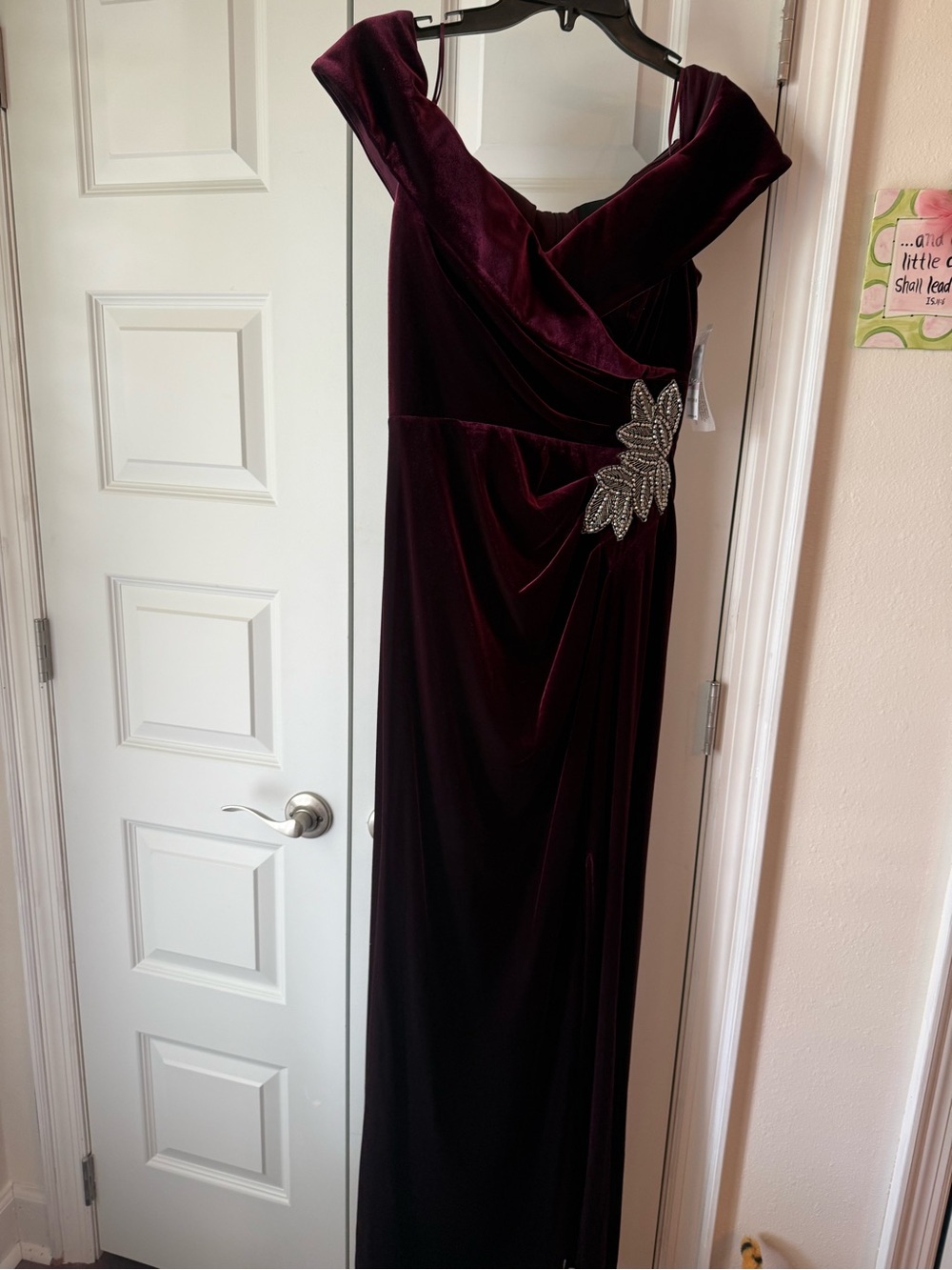 Alex Evenings Velvet Off-Shoulder Gown in wine.